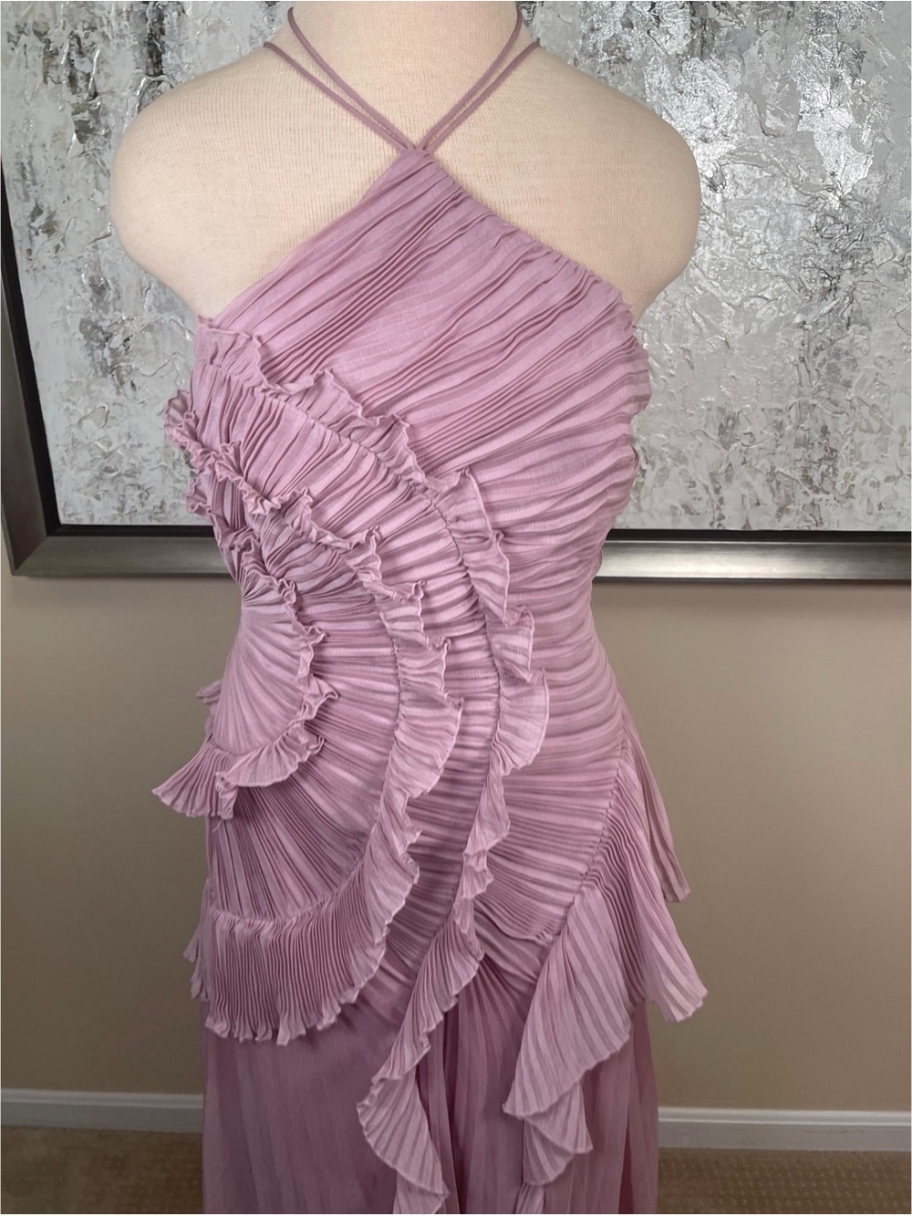AMUR Lorelie Ruffle Ruched Pleated Halter Asymmetric Pink Maxi Gown Size 8 - Picture 4 of 9